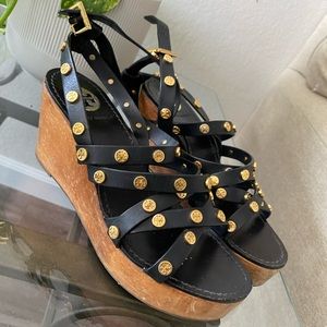 Tory Burch Black Leather Studded Wedge Sandals with Cork Platform